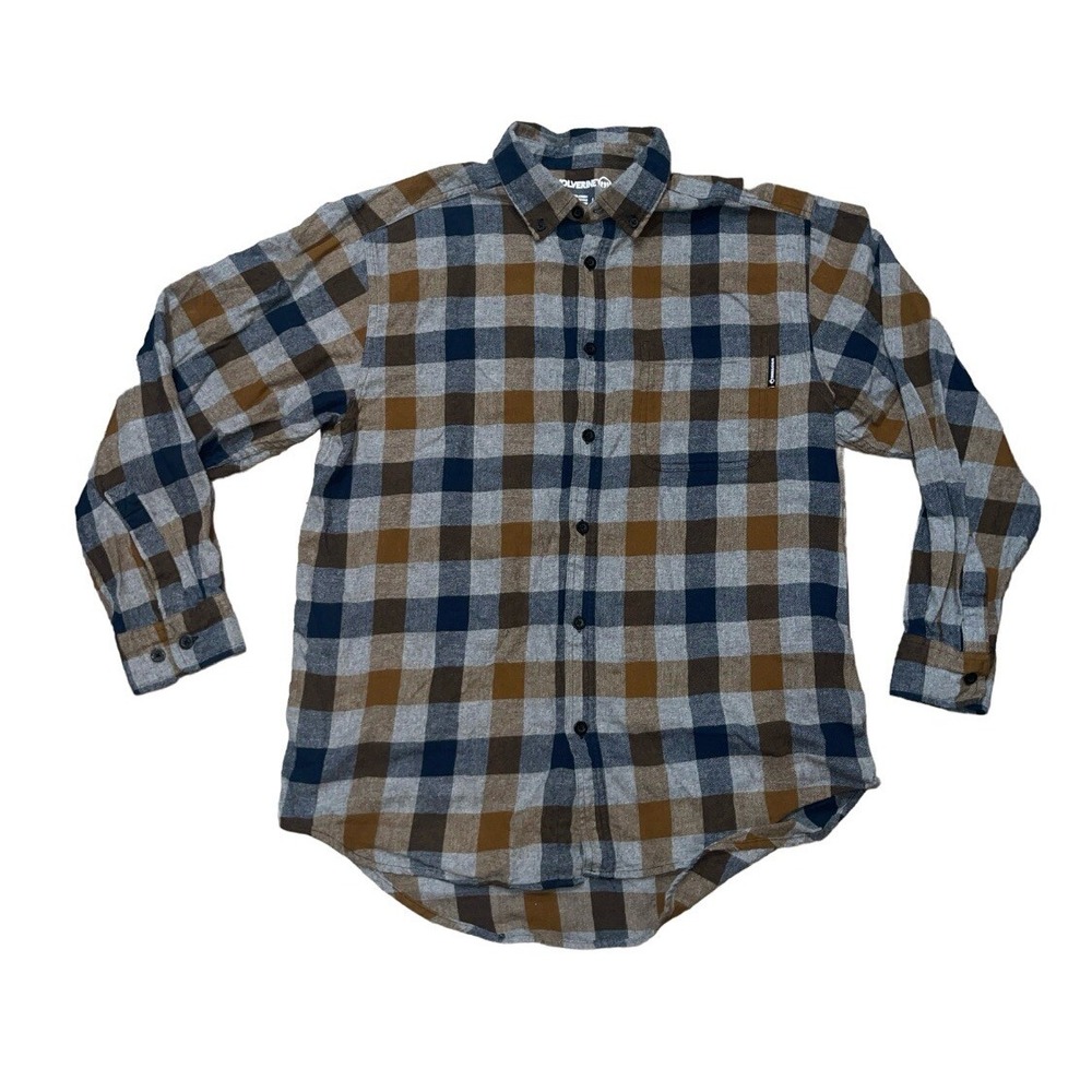 Wolverine Men's Large Flannel Shirt Gray Blue Tan Checkered Long Sleeve Button